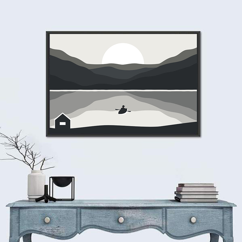 Fisherman at Mountain Lake Wall Art in a room, landscape
