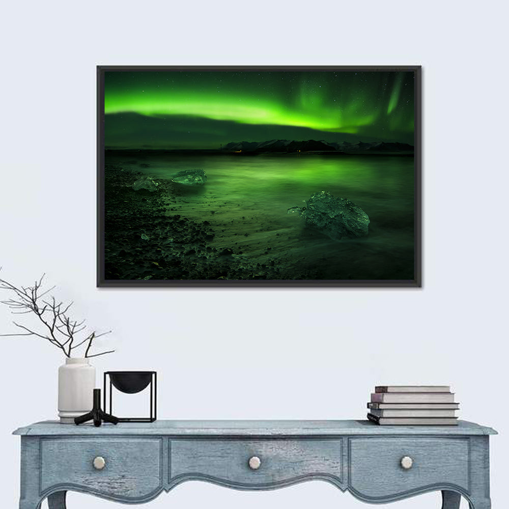 Aurora Polaris Over Icebound Shore Wall Art in a room, landscape