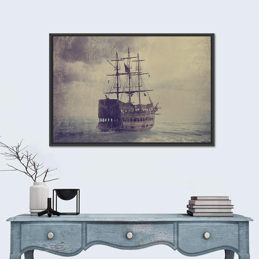 Old Pirate Ship at Sea Wall Art in a room, landscape