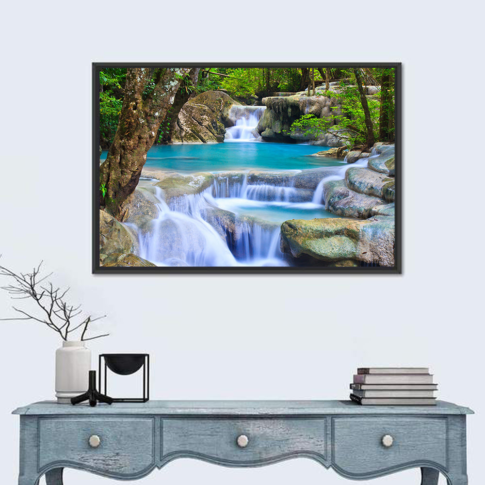 Erawan Waterfall Turquoise Pools Wall Art in a room, landscape