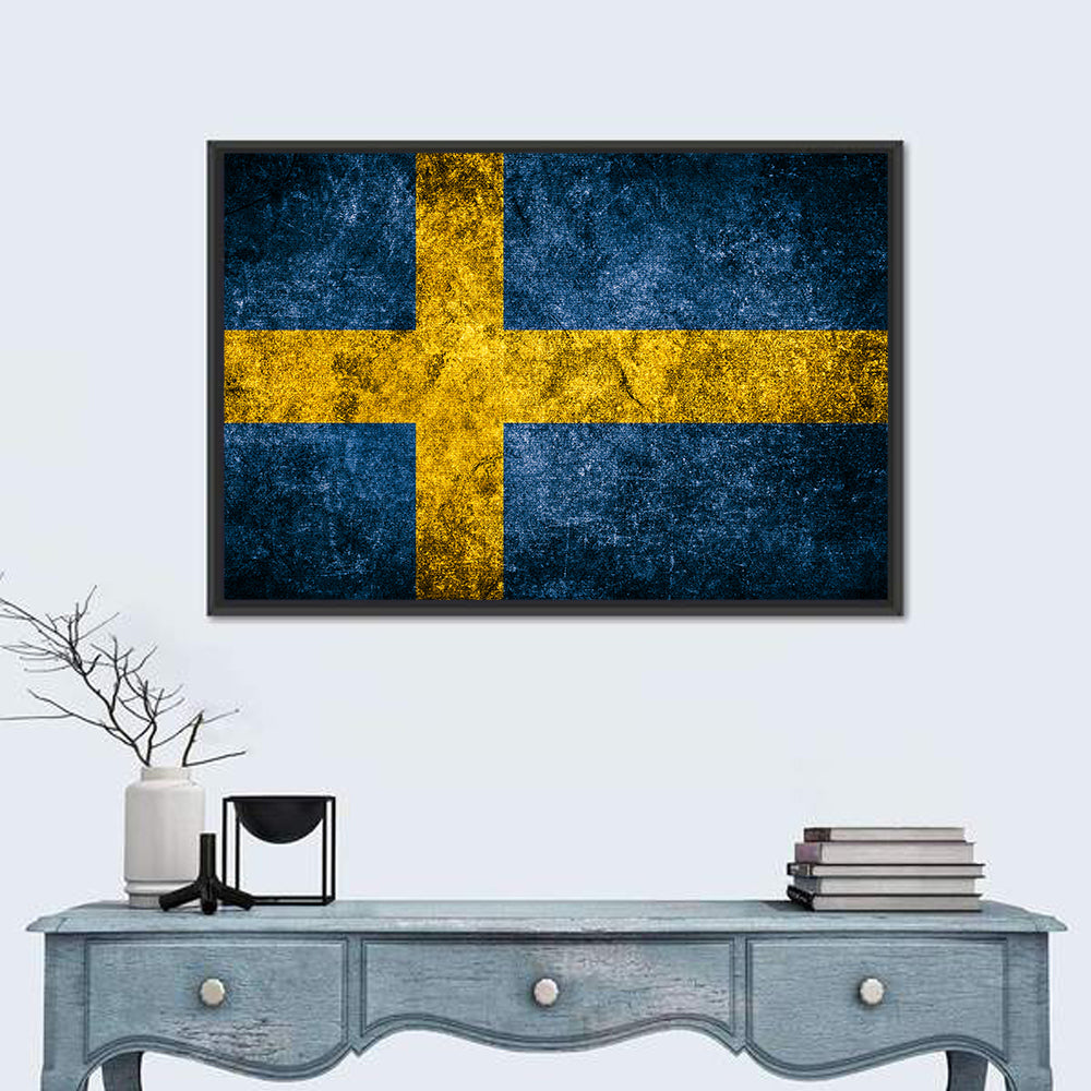 Distressed Sweden Flag Wall Art in a room, landscape