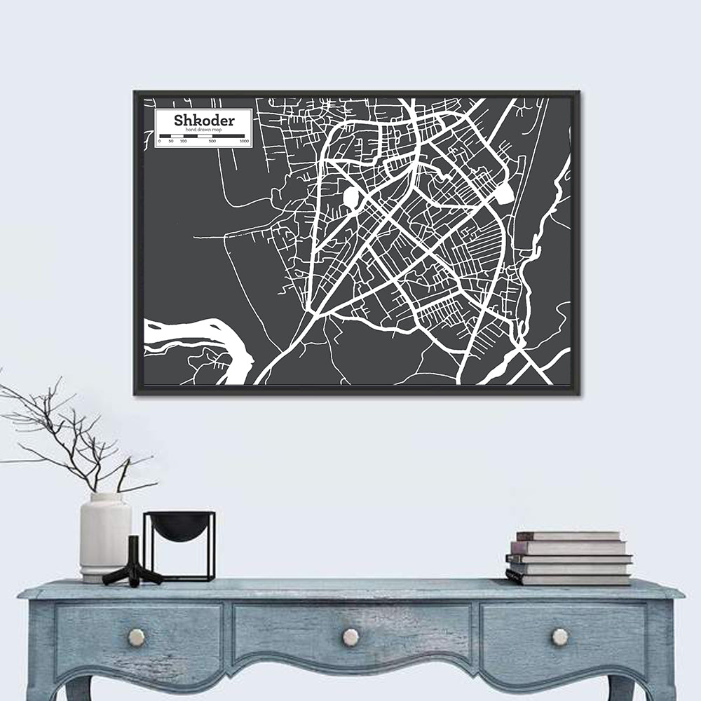 Shkoder City Map Albania Wall Art in a room, landscape