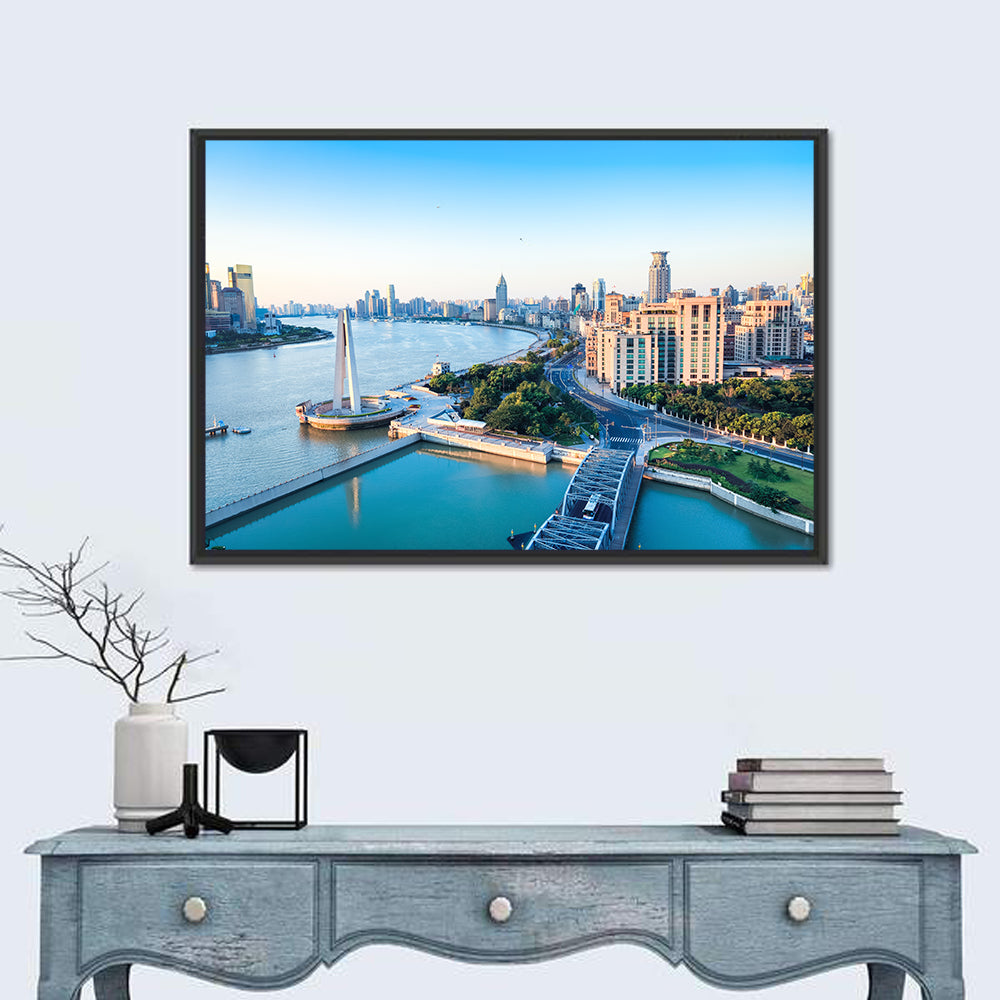 Huangpu River Shanghai Skyline Wall Art in a room, landscape