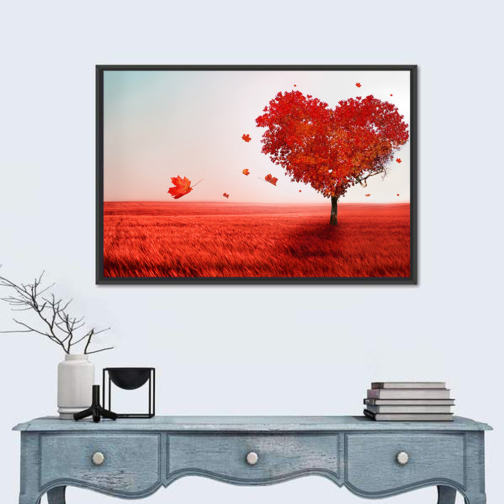 Heart-shaped Tree in Red Field Wall Art in a room, landscape