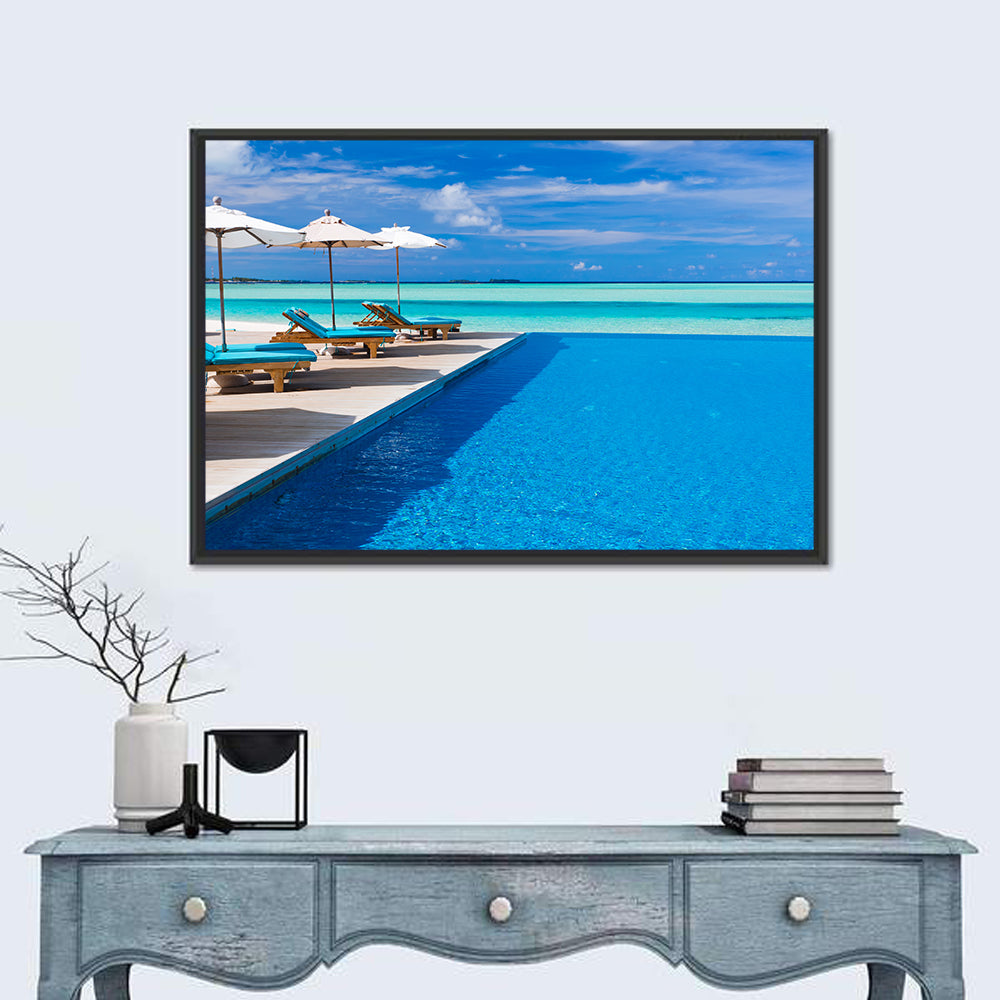 Tropical Infinity Pool Wall Art in a room, landscape