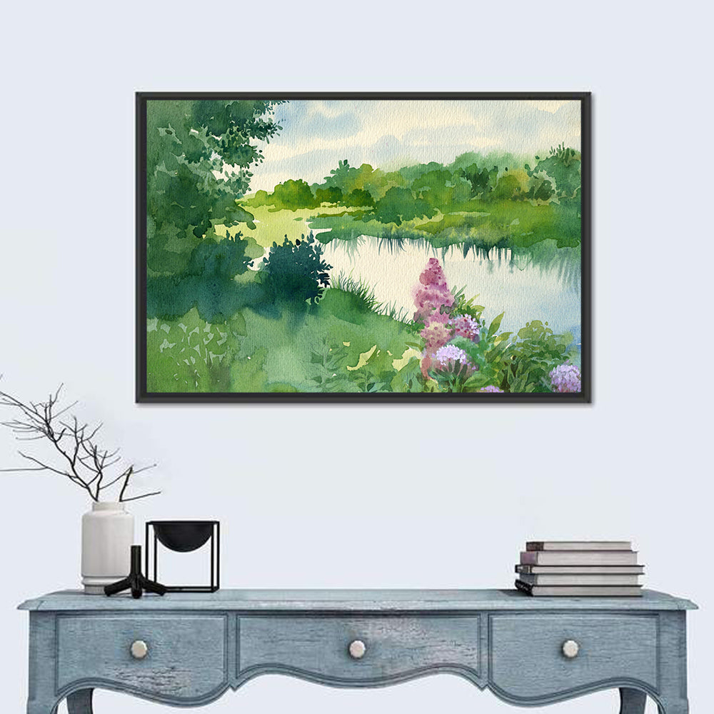 Lake Reflection with Purple Flowers Wall Art in a room, landscape
