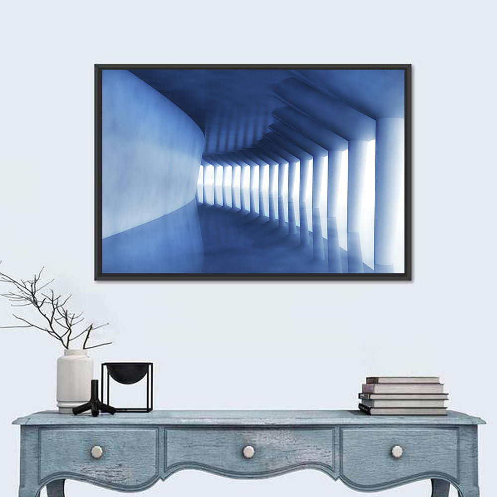 Curved Blue Corridor Wall Art in a room, landscape