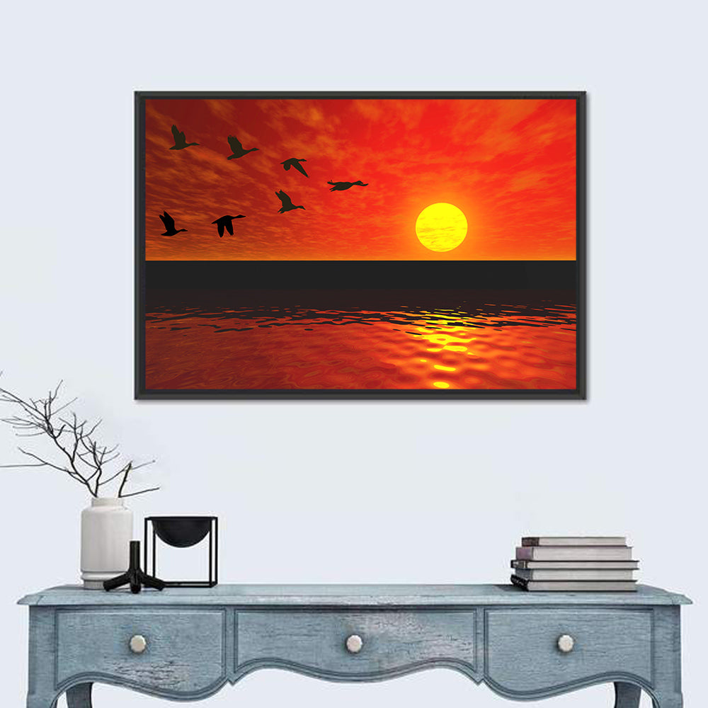 Ducks at Sunset Silhouette Wall Art in a room, landscape
