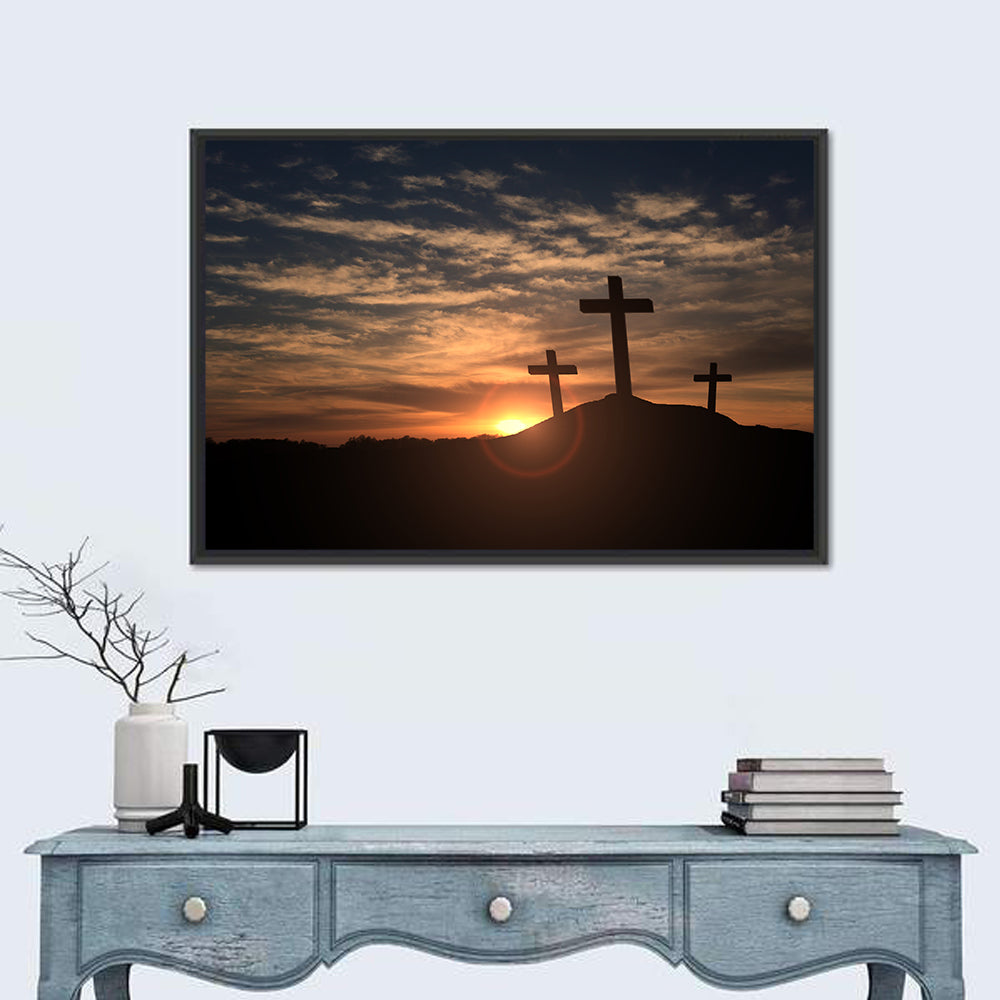 Three Crosses at Golden Sunset Wall Art in a room, landscape