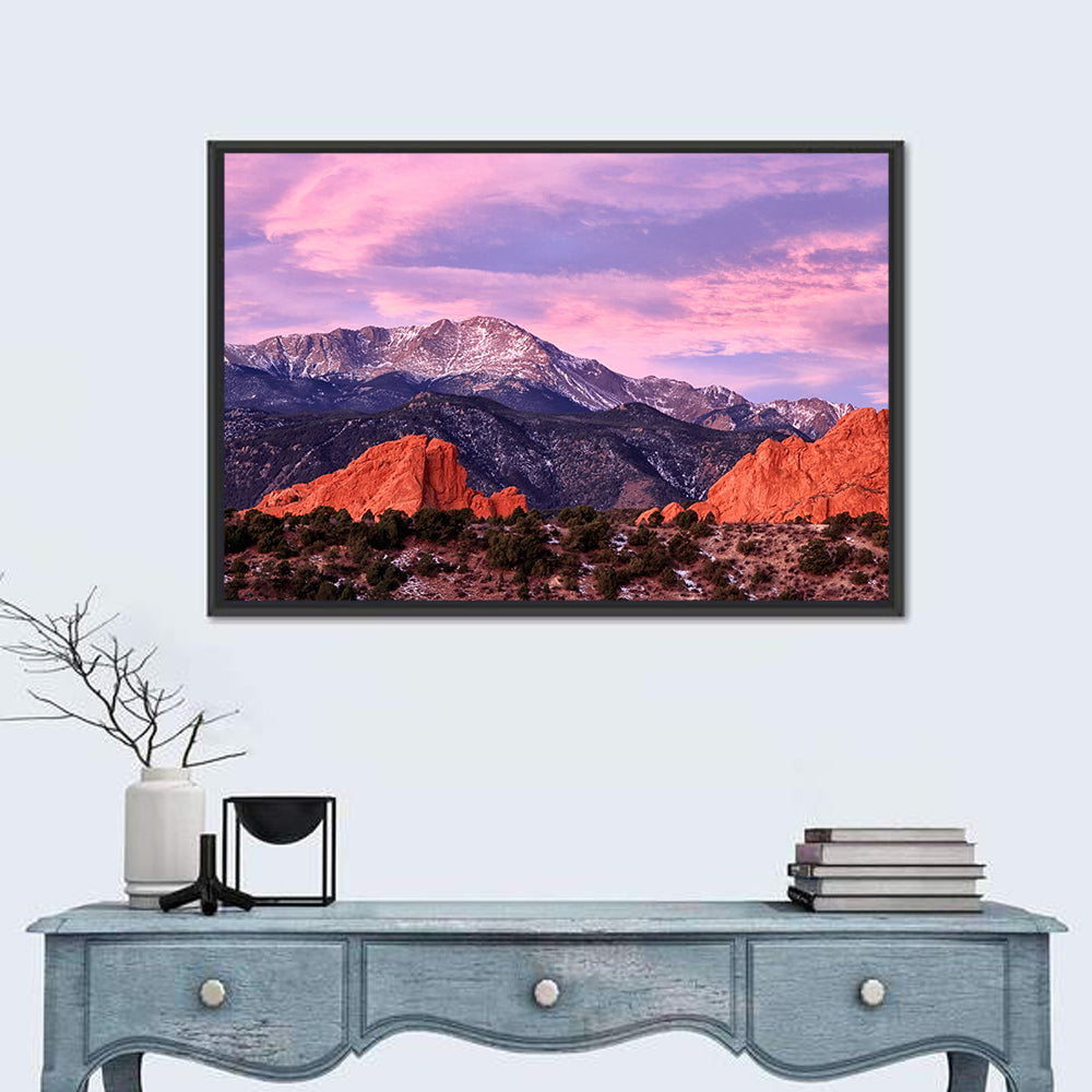 Pikes Peak at Purple Dusk Wall Art in a room, landscape