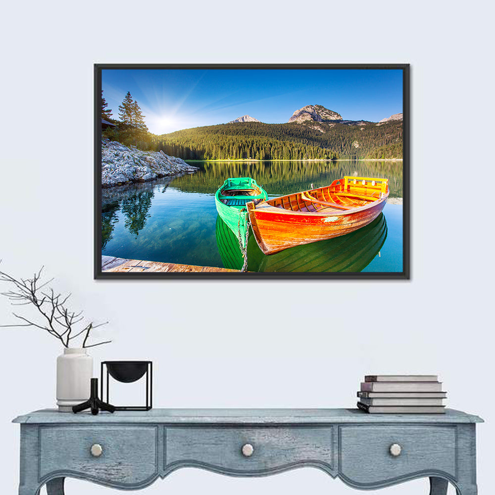 Boats at Black Lake Montenegro Wall Art in a room, landscape
