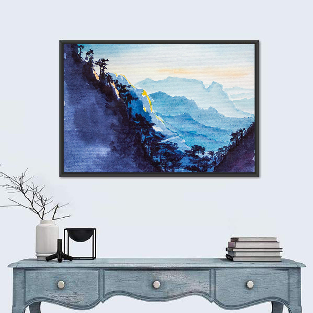 Dawn Light Watercolor Mountain Forest Wall Art in a room, landscape