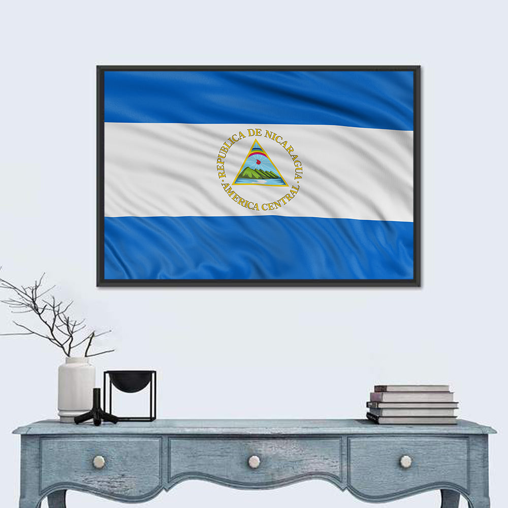 Nicaraguan Flag with Emblem Wall Art in a room, landscape