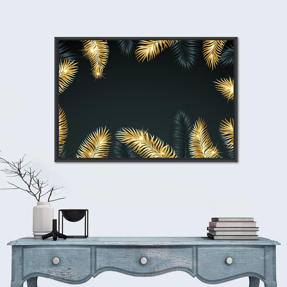Golden Tropical Palm Leaves Wall Art in a room, landscape