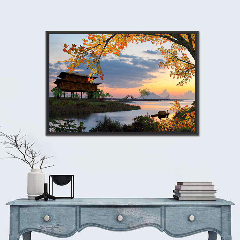 Chinese Lakeside at Dusk Wall Art in a room, landscape