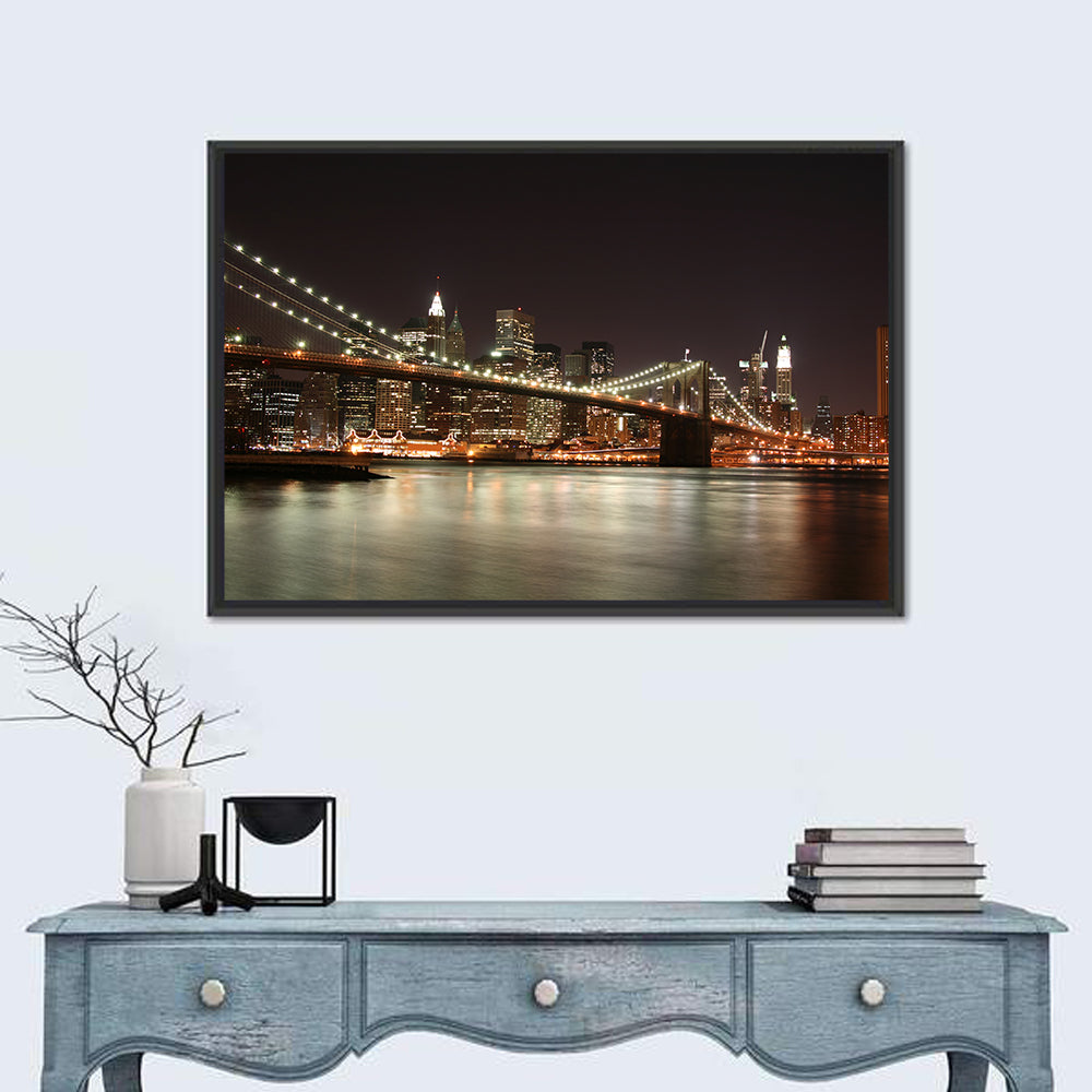 Brooklyn Bridge Night Skyline Wall Art in a room, landscape
