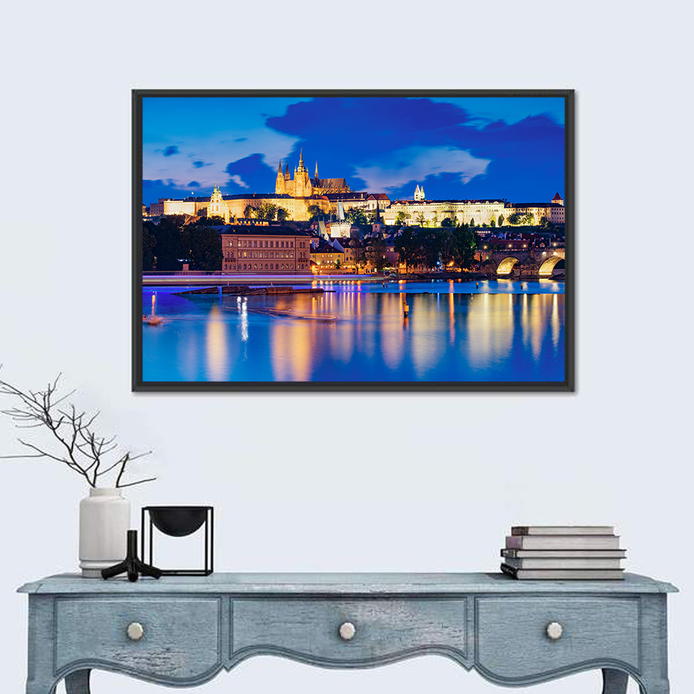 Prague Castle Night Reflection Wall Art in a room, landscape