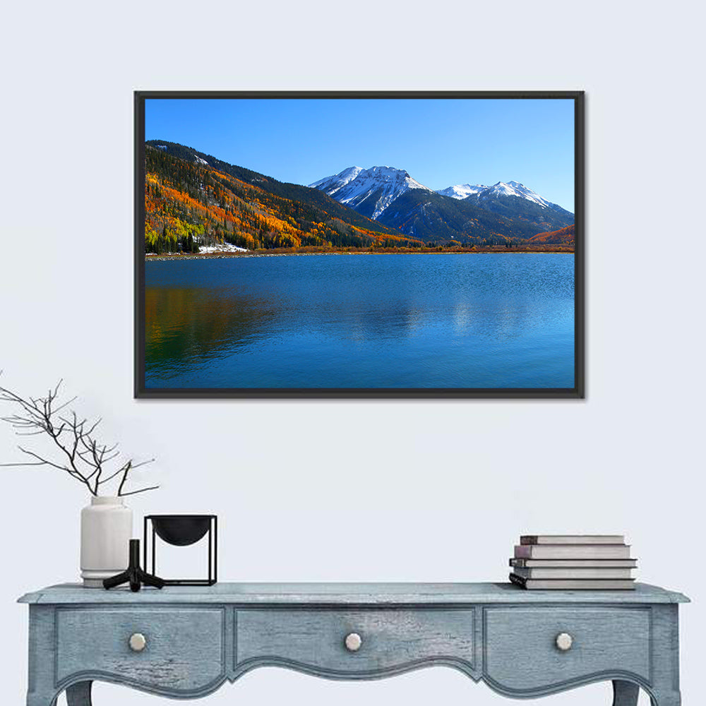Crystal Lake Colorado Autumn Reflection Wall Art in a room, landscape