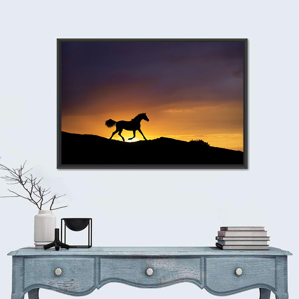 Running Horse Silhouette Wall Art in a room, landscape