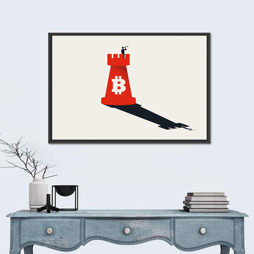 Rook Tower with Bitcoin Emblem Wall Art in a room, landscape