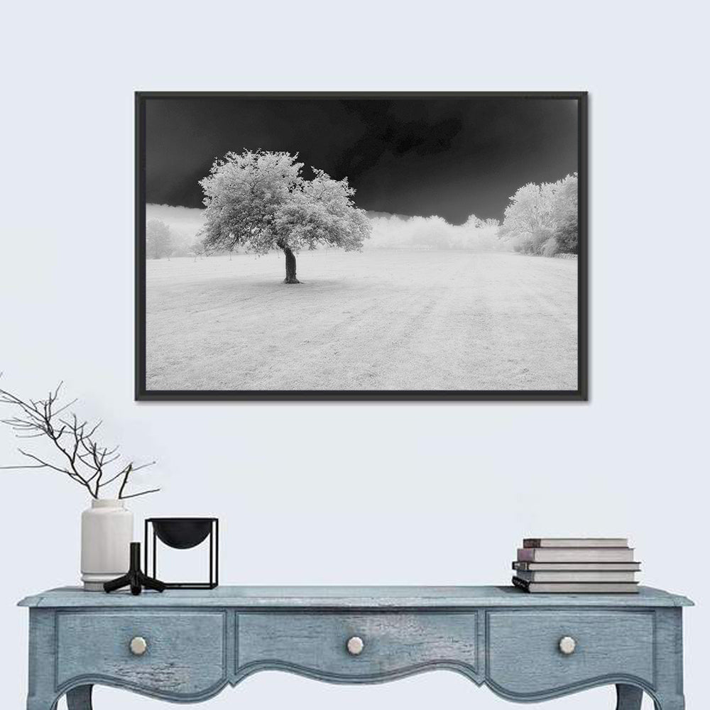 Lonely Tree in Surreal Winter Field Wall Art in a room, landscape