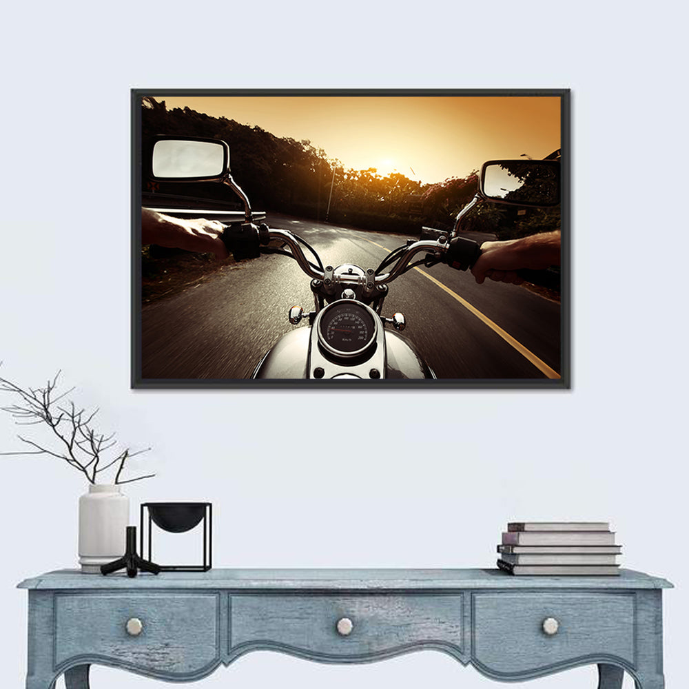 Motorcycle Handlebar View at Sunset Wall Art in a room, landscape