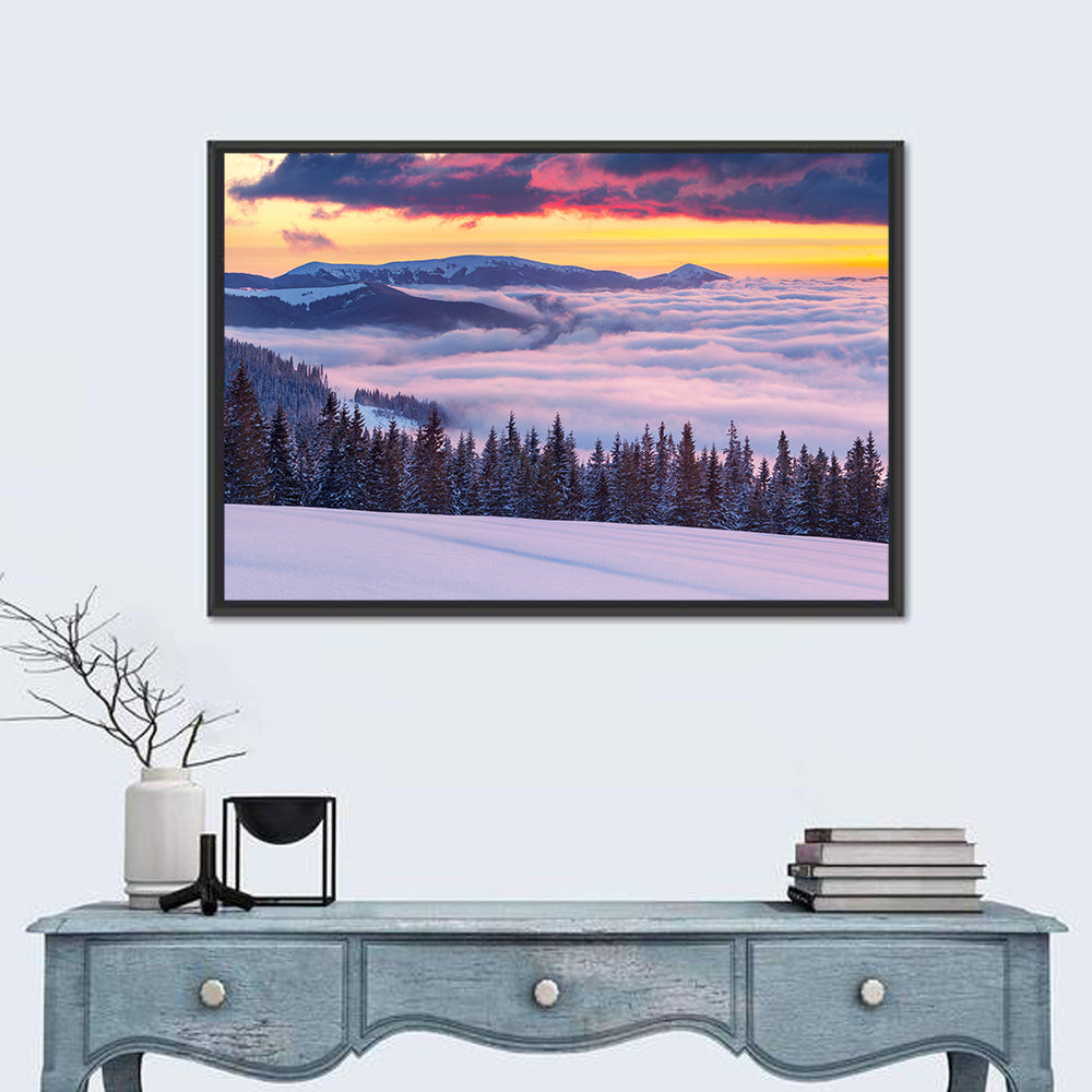 Morning Fog Over Winter Peaks Wall Art in a room, landscape