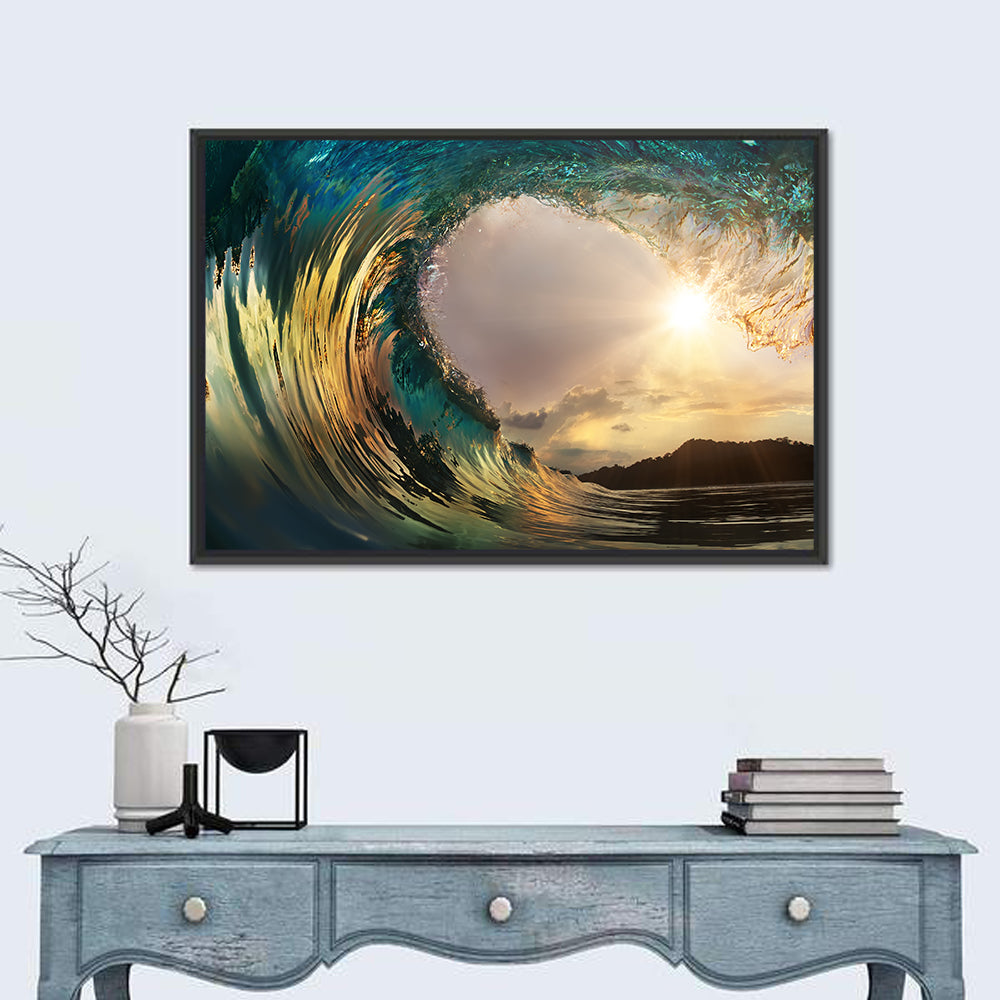 Sunset Barrel Wave Wall Art in a room, landscape