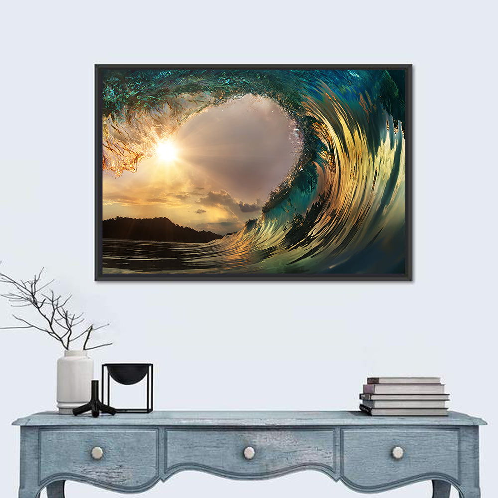Surfing Barrel at Sunset Wall Art in a room, landscape