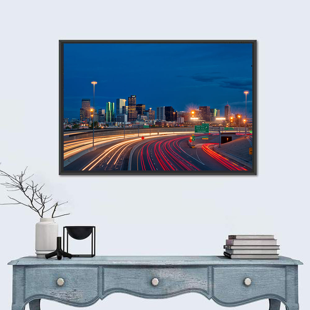 Denver Skyline with Light Trails Wall Art in a room, landscape