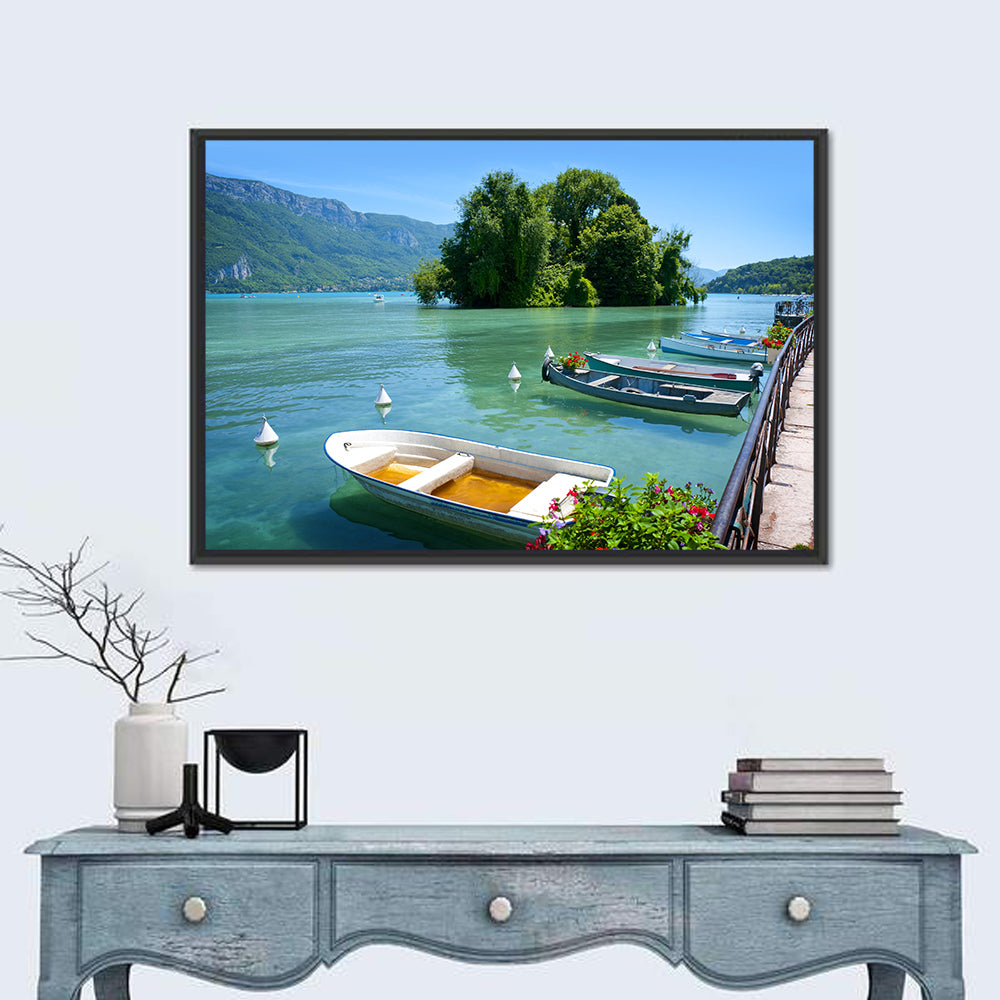 Lake Annecy Sunny Shoreline Wall Art in a room, landscape
