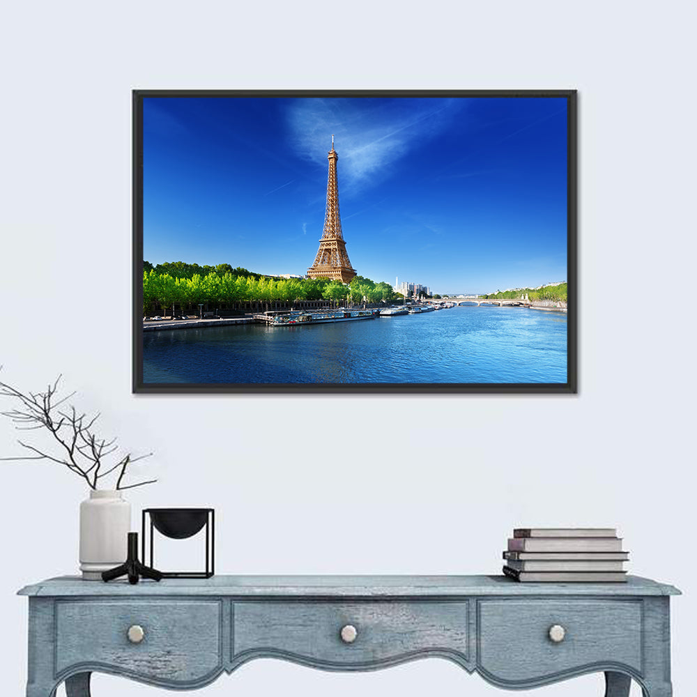 Seine and Eiffel Tower, Paris Wall Art in a room, landscape