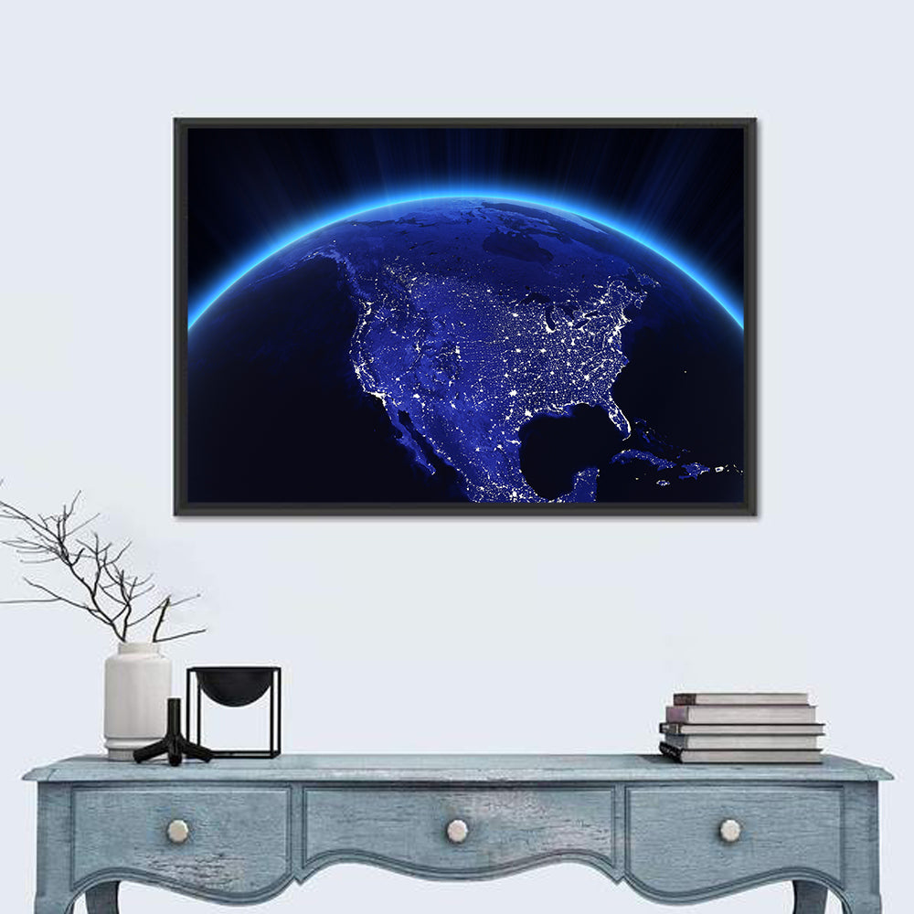 North America City Lights at Night Wall Art in a room, landscape