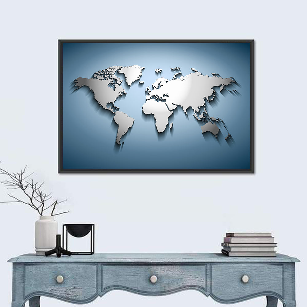 Bluish World Map Wall Art in a room, landscape