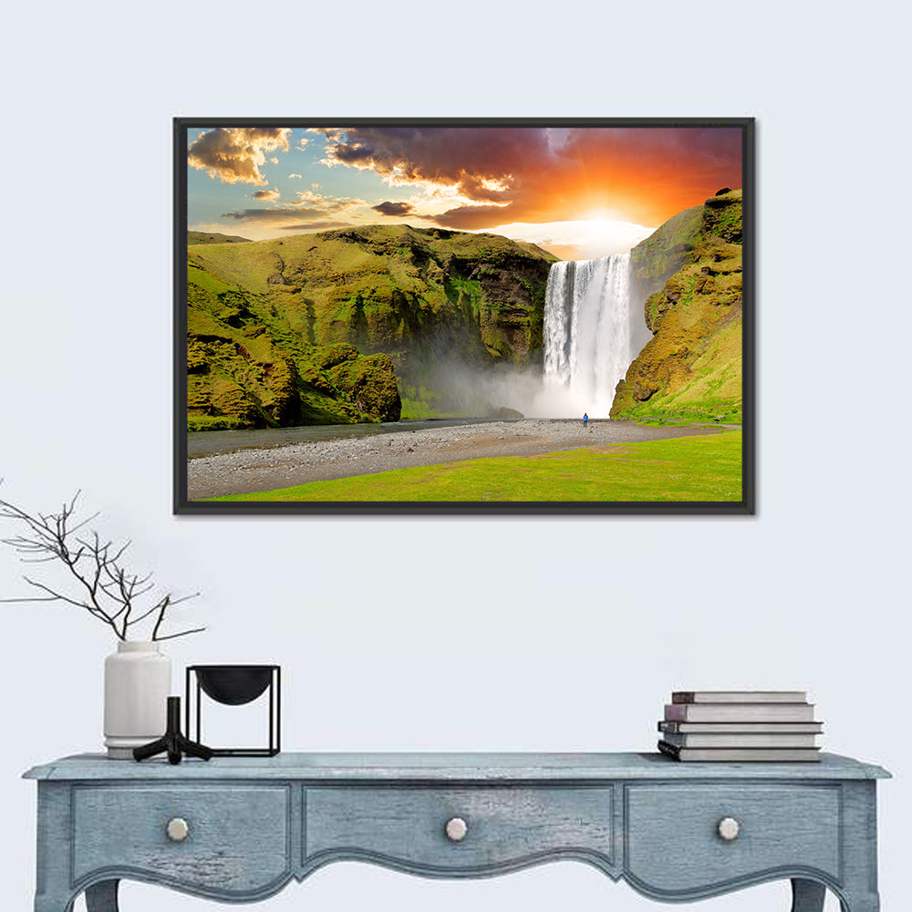 Skógafoss at Sunset, Iceland Wall Art in a room, landscape