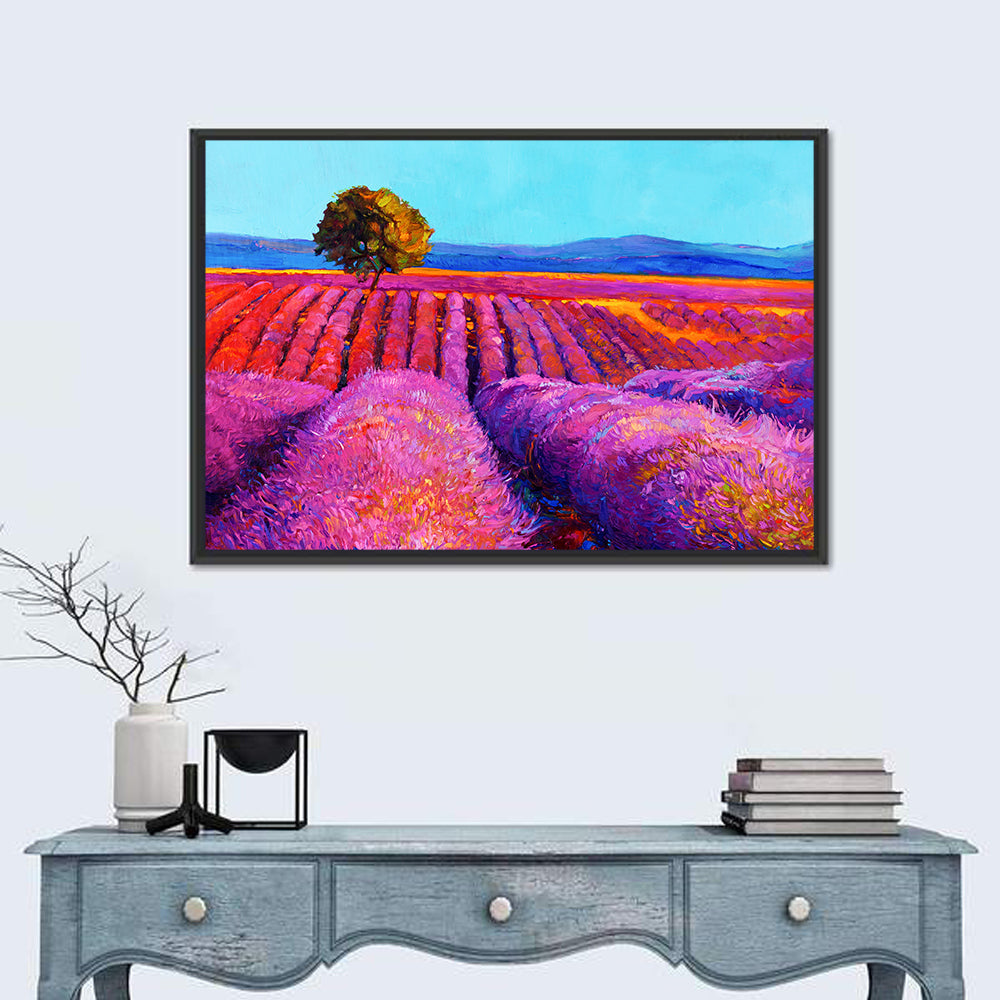 Impressionist Lavender Field Wall Art in a room, landscape