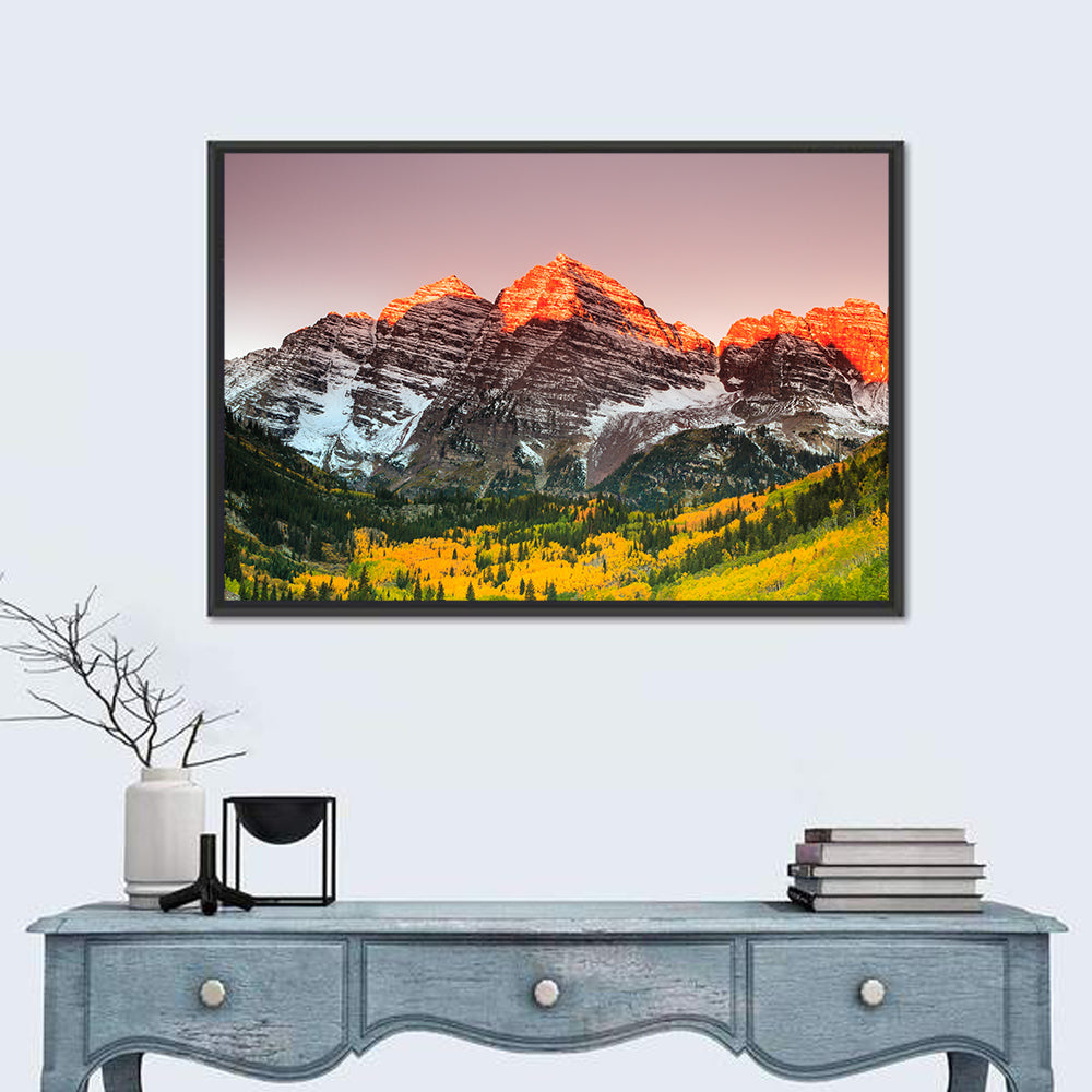 Maroon Bells Sunrise Wall Art in a room, landscape