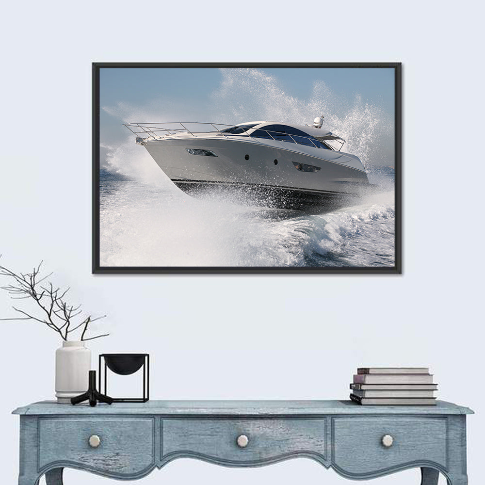 Motor Yacht Cutting Through Spray Wall Art