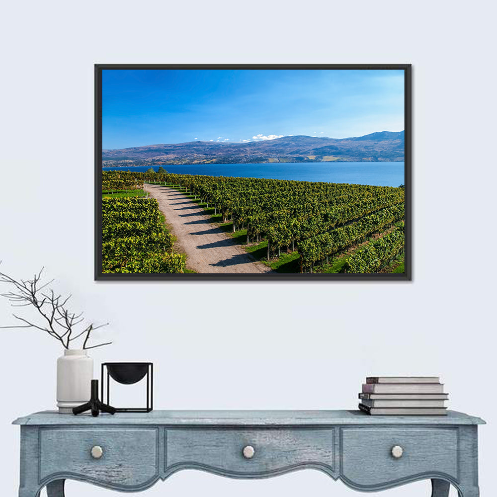 Lake Okanagan Vineyard Path Wall Art in a room, landscape