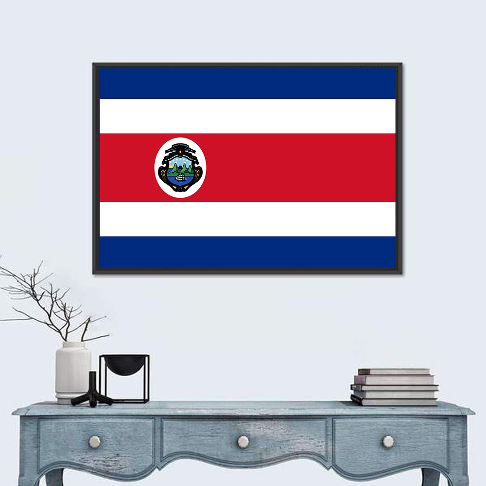 Costa Rica Flag with Coat of Arms Wall Art in a room, landscape