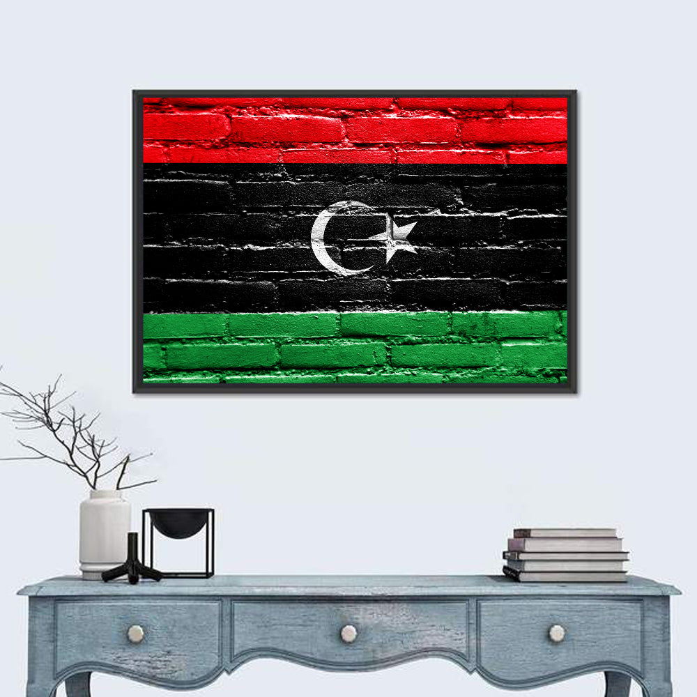 Libyan Flag on Distressed Brick Wall Art in a room, landscape