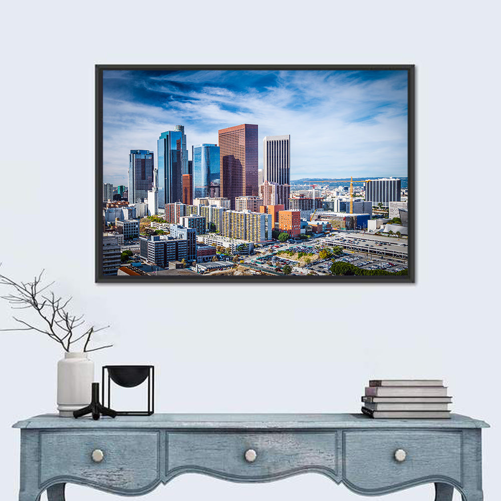 Downtown Los Angeles Skyline Wall Art in a room, landscape