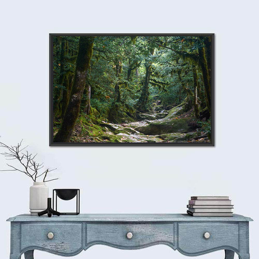 Mossy Halloween Forest Path Wall Art in a room, landscape