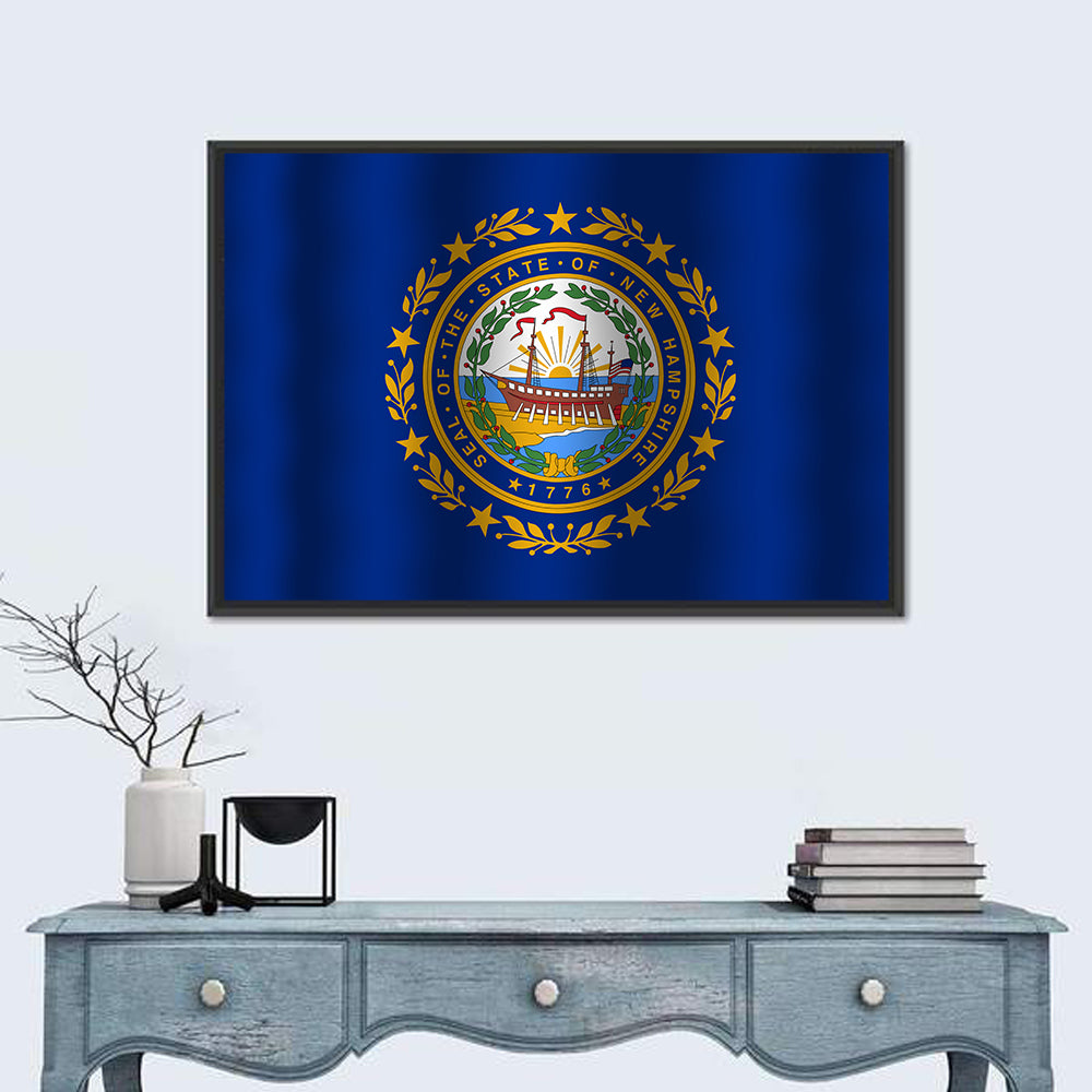 New Hampshire Flag with Ship Emblem Wall Art in a room, landscape