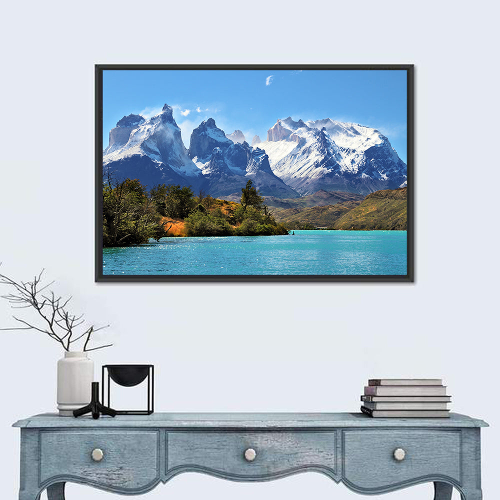 Turquoise Lake Pehoe, Torres Del Paine Wall Art in a room, landscape