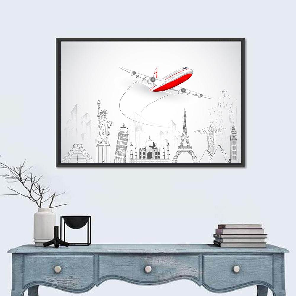 Airplane Over World Landmarks Wall Art in a room, landscape