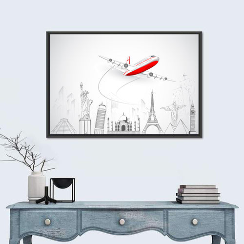 Airplane Over World Landmarks Wall Art