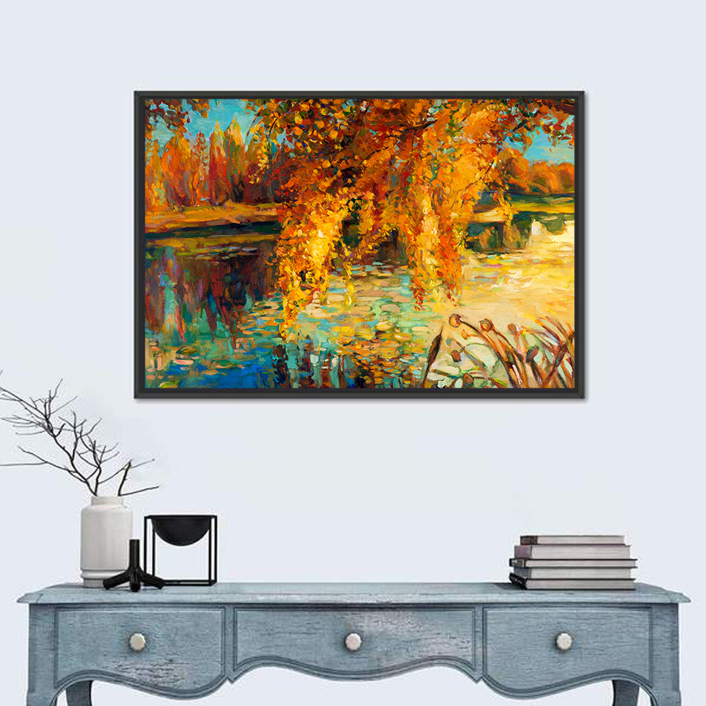 Autumn Lake with Weeping Willow Wall Art in a room, landscape