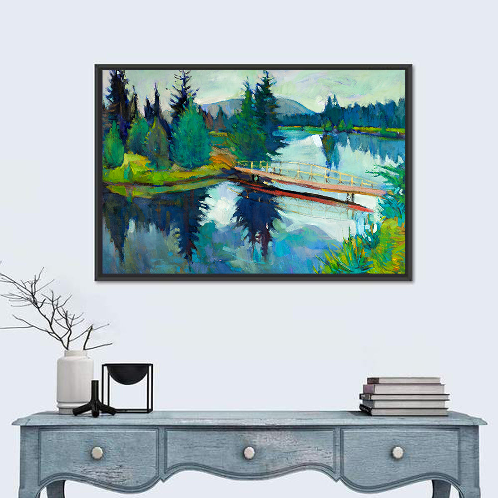 Forest Bridge Reflection Illustration Wall Art in a room, landscape