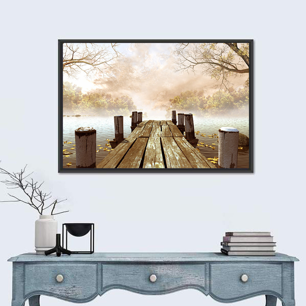 Foggy Lake Dock Wall Art in a room, landscape